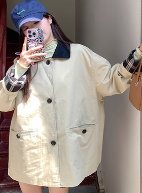 日系翻领学院风格纹卡其色风衣女