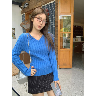 韩系V领克莱因蓝色毛衣针织衫女