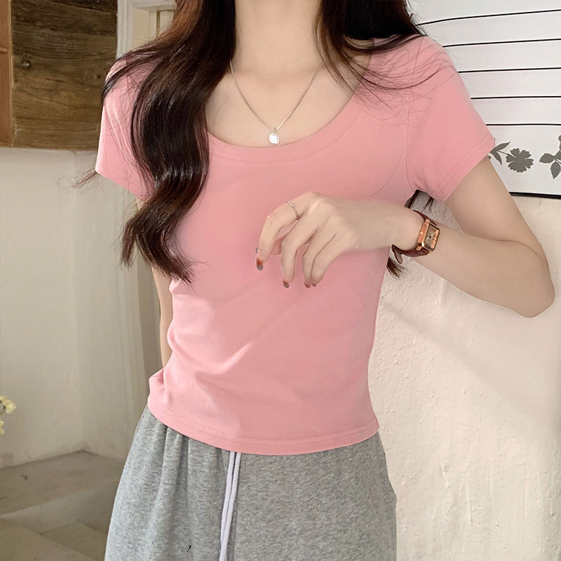 正肩U领设计感短袖t恤女修身夏辣妹内搭纯色短款大圆领露锁骨上衣