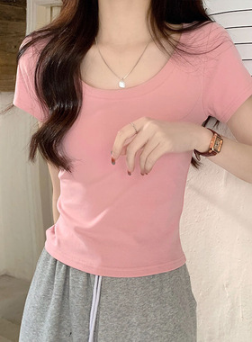 正肩U领设计感短袖t恤女修身夏辣妹内搭纯色短款大圆领露锁骨上衣