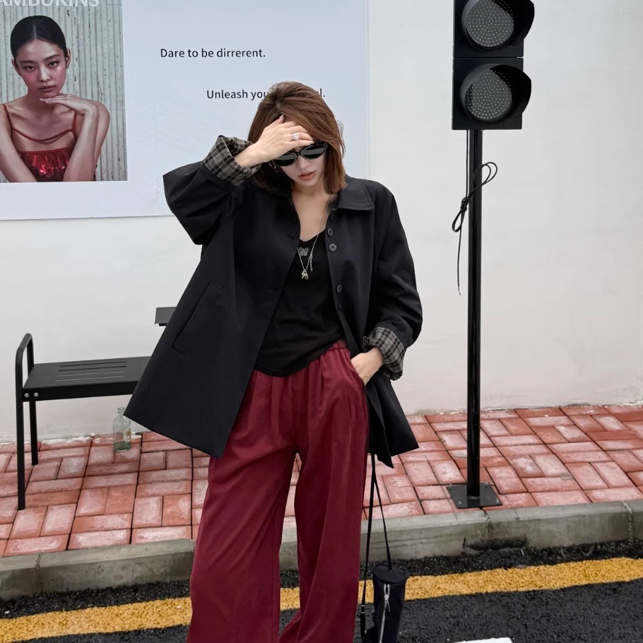 韩版立领格子拼接风衣外套女外搭