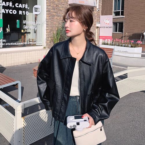 黑色美式复古翻领皮衣外套女夹克