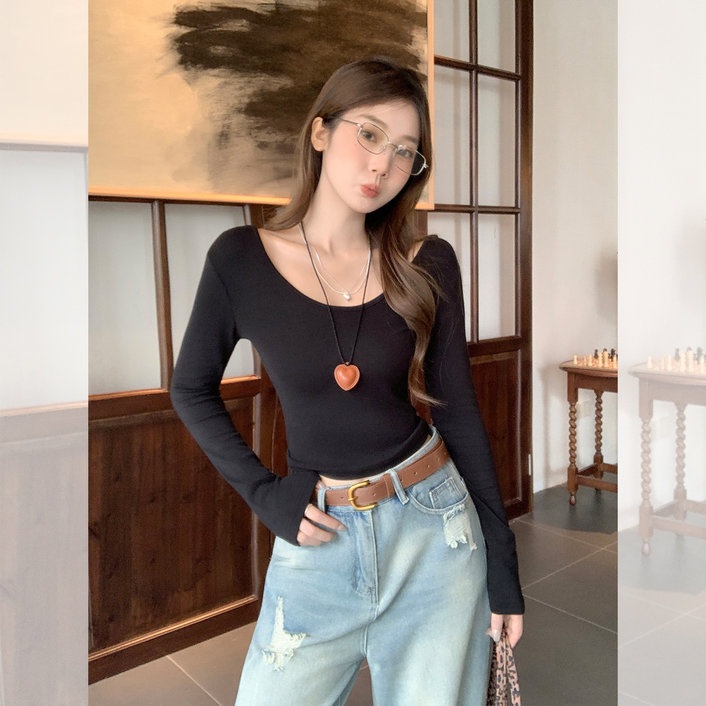 德绒大领口基础款打底衫女修身