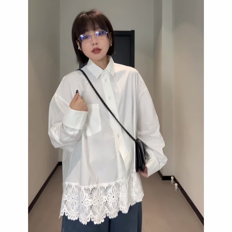 设计感蕾丝拼接白色衬衣女设计感