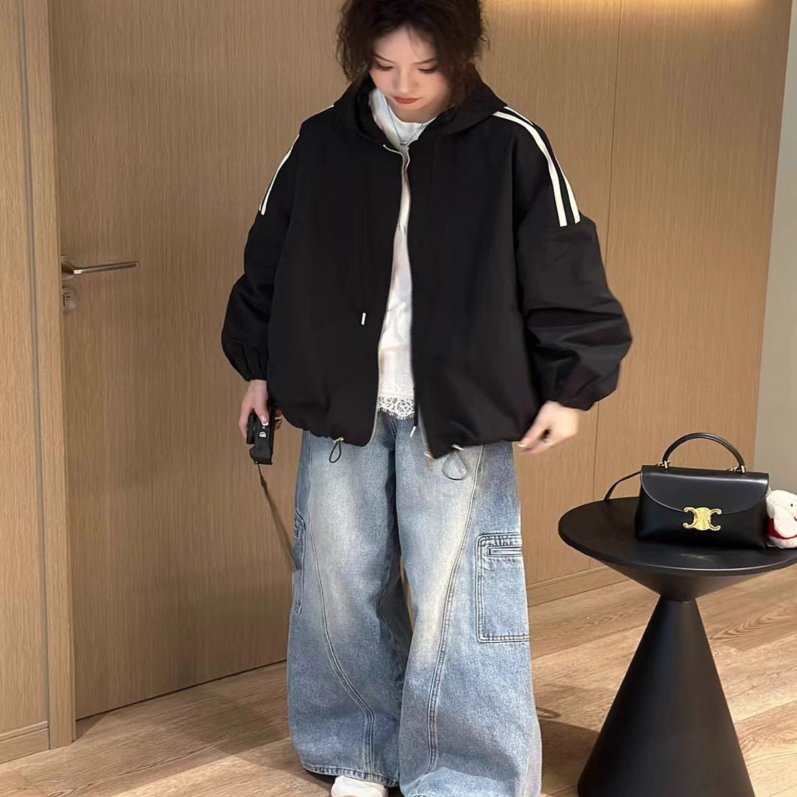 韩版设计感小众连帽外套女2025新款小个子宽松百搭黑色夹克上衣薄,女装/女士精品,短外套,淘宝优惠券,粉丝福利购,淘宝优惠卷