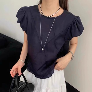 上衣 纯棉法式 花边短袖 T恤女2025新款 别致设计感减龄甜美宽松飞袖