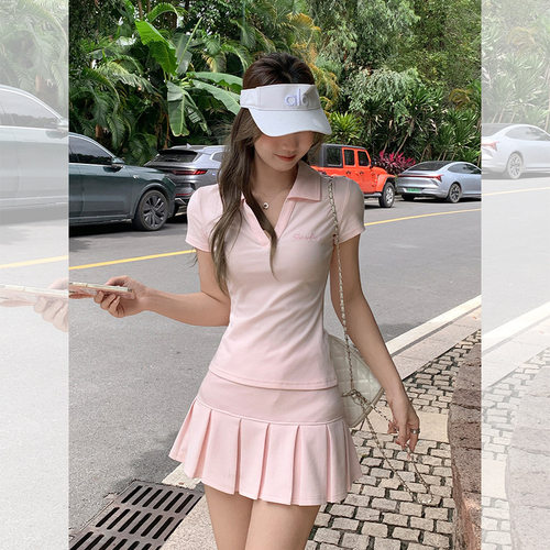 粉色刺绣polo领正肩短袖T恤女薄