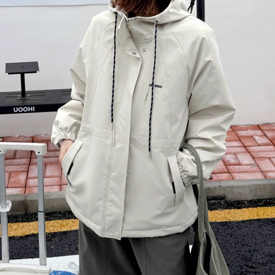 连帽抽绳撞色短款外套女2025新款