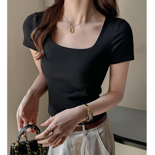 方领纯棉正肩短袖T恤女基础款修身显瘦短款内搭上衣时尚洋气露脐