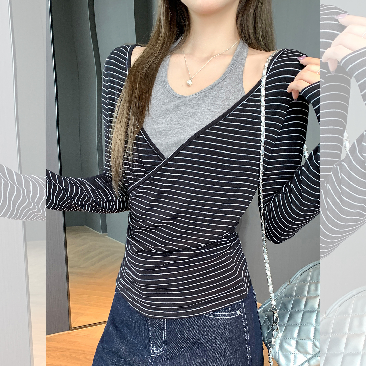 黑色V领条纹假两件打底衫女洋气
