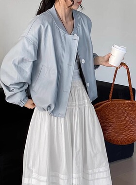 韩系立领皮衣外套女新款复古休闲简约小个子夹克短款宽松棒球服潮