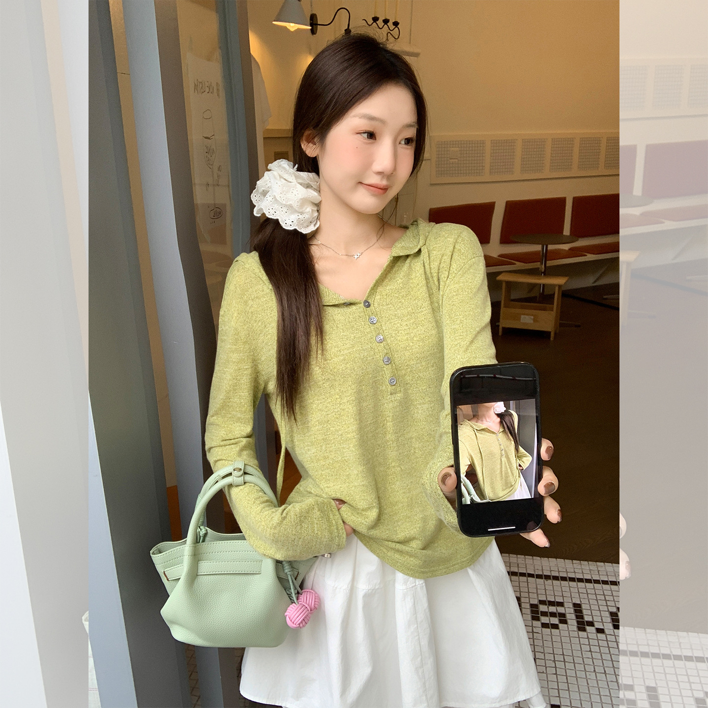 韩系连帽抽绳黄绿色打底衫女洋气