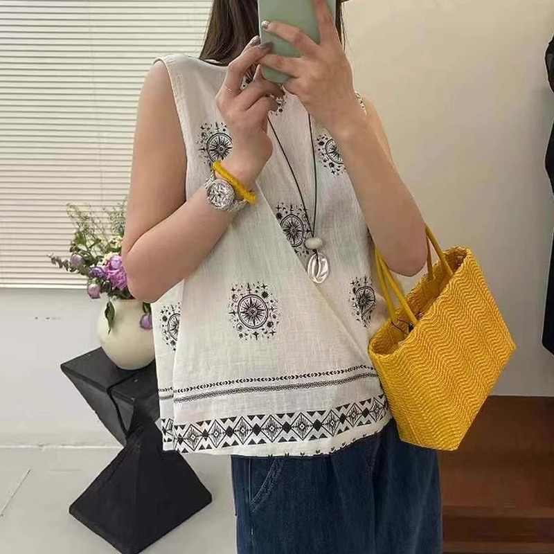 亚麻刺绣吊带背心女内搭无袖宽松防走光复古高级感气质百搭上衣薄