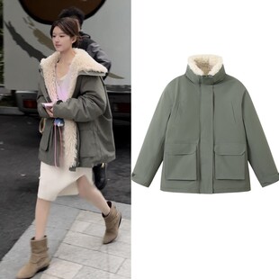 许我耀眼赵露思同款军绿色羊羔毛冲锋衣外套女派克服羊羔绒棉服女