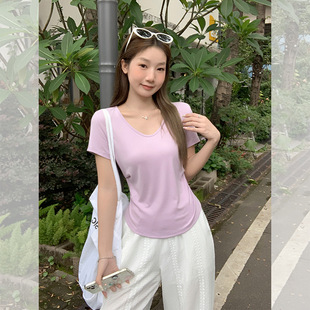 短袖 莫代尔chic正肩基础款 T恤女V领小个子露锁骨显瘦弧形下摆上衣