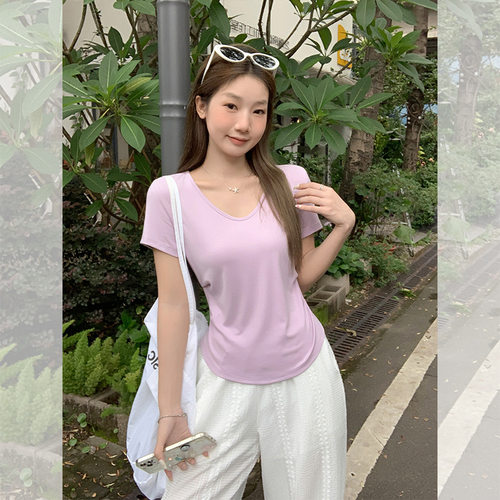 莫代尔chic正肩基础款短袖T恤女