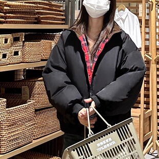 2026新款两面穿格子撞色棉服外套女宽松小个子加厚保暖面包服棉衣