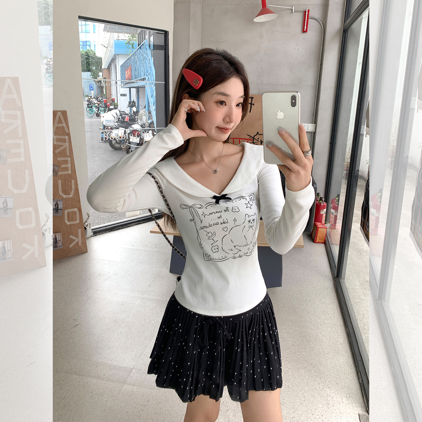 纯棉翻领蝴蝶结打底衫女2025新款