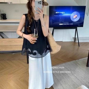 防走光宽松时尚 亚麻镂空设计感吊带背心女内搭无袖 减龄洋气上衣薄