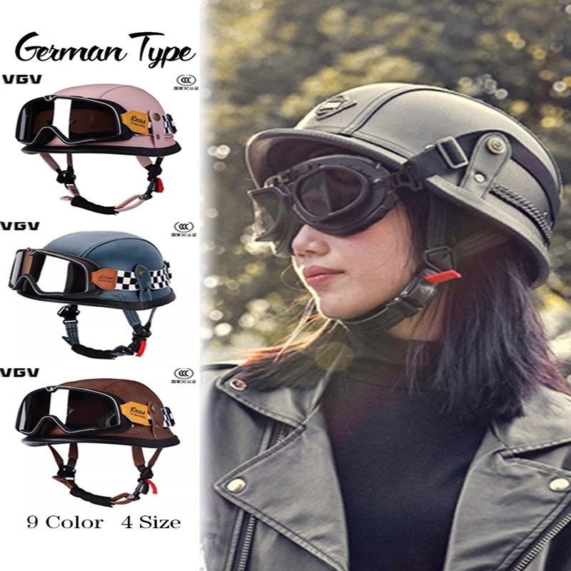 VGV3c认证德式复古钢盔夏季瓢盔男摩托车头盔女机车半盔大兵头盔