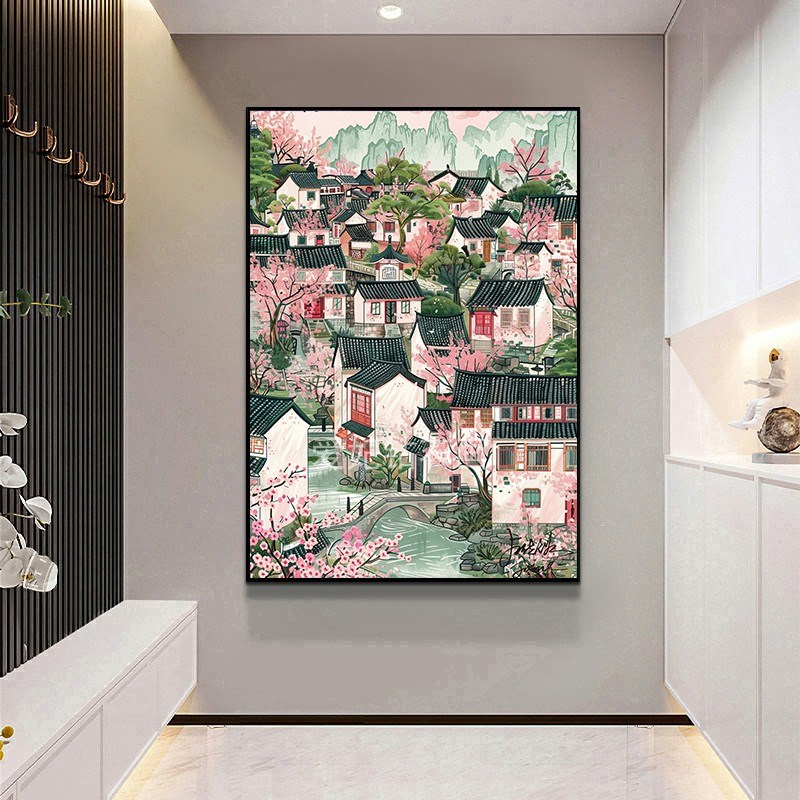 2024新款diy贴方钻满钻钻石画钻石绣江南水乡小镇春天桃花开风景