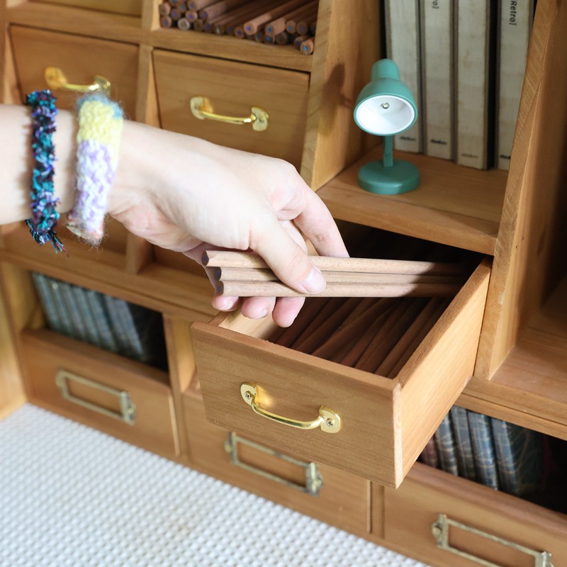 叁杉家居手账书桌木质抽屉收纳盒文具彩铅复古桌面分隔书架置物架