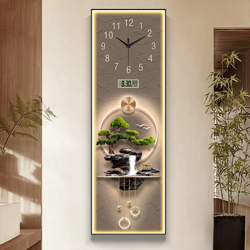 玄关装饰画2025新款钟表挂钟九C鱼图长条挂画新中式过道走廊壁灯