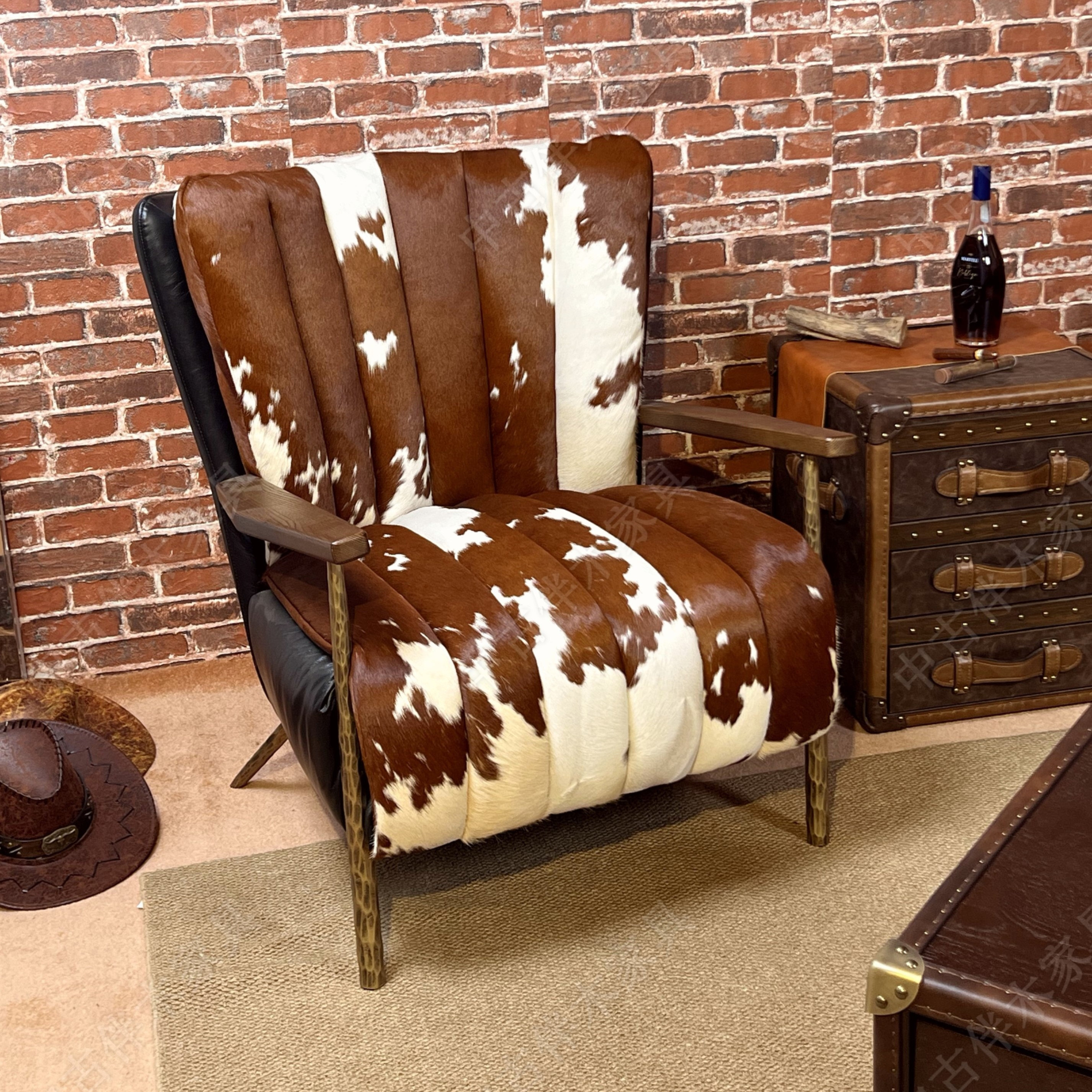 中古风雪茄椅美式复古真奶牛皮