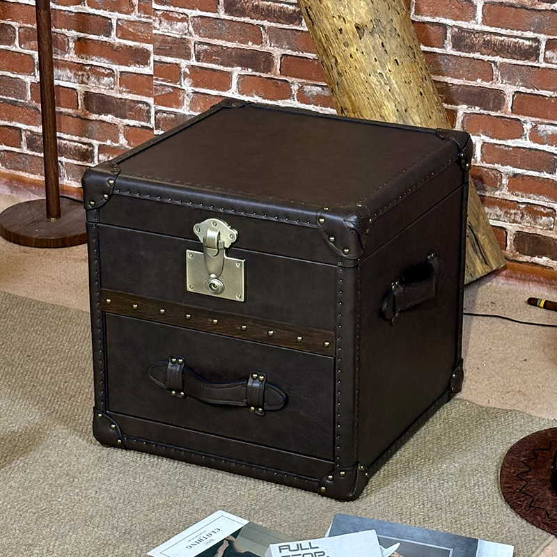 美式复古油蜡皮实木边几雪茄房