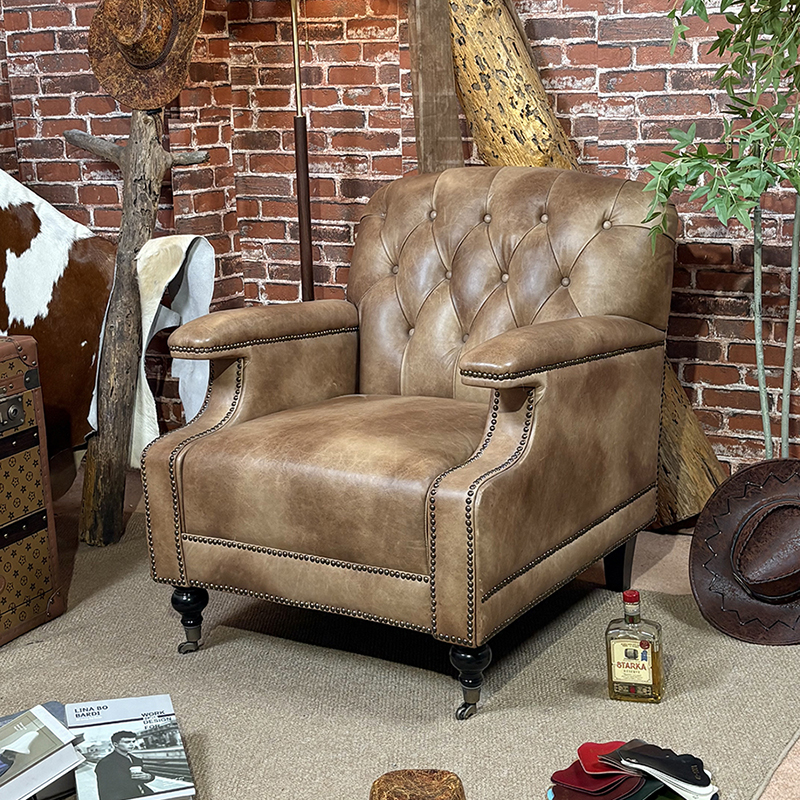 美式复古油蜡真皮老虎椅中古风单人沙发椅高端拉扣休闲椅威士忌吧