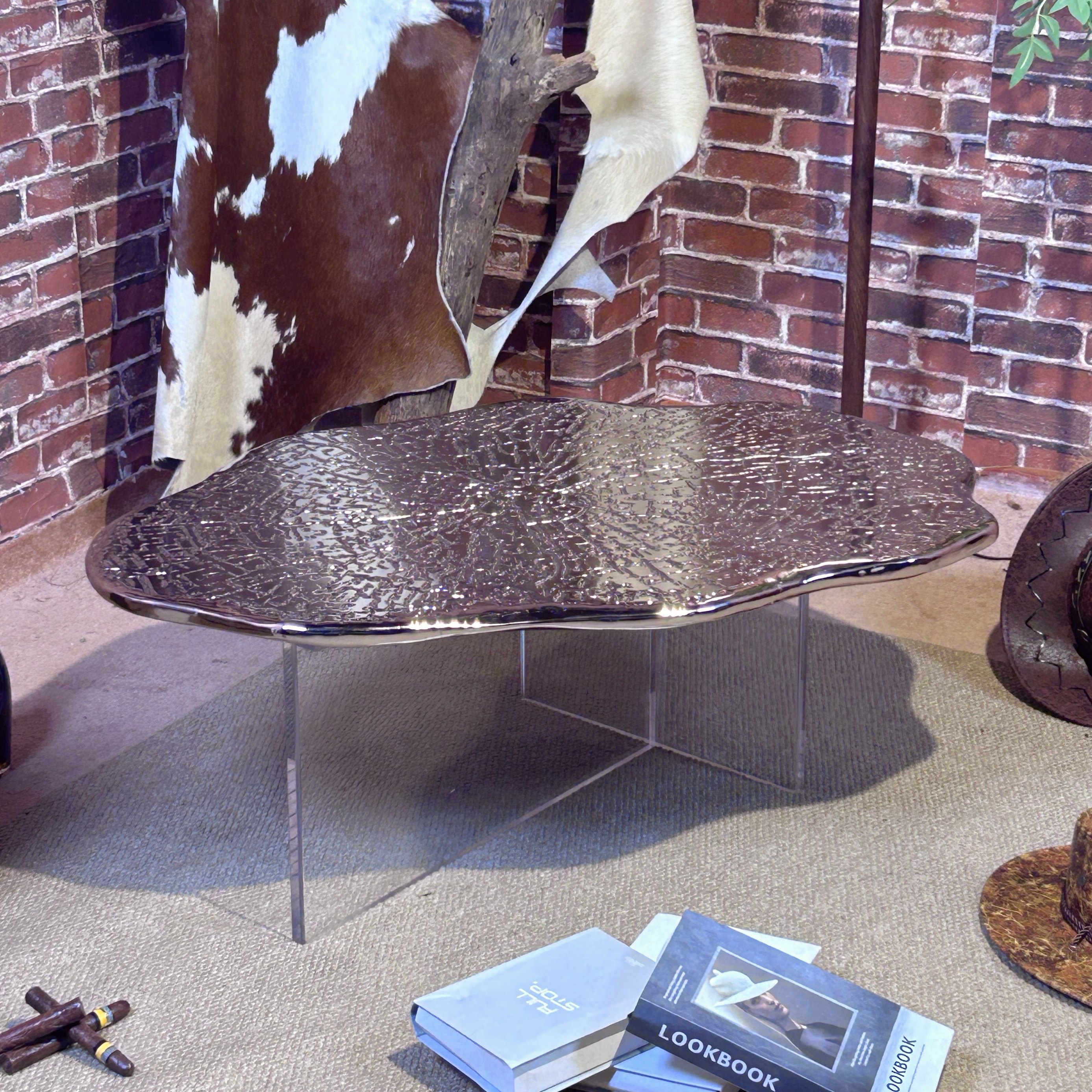 中古风复古风轻奢高级感铝雕做旧工艺金色面板雕刻茶几组合艺术感