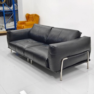 中古风哈默沙发黑色美式油蜡皮客厅法式不锈钢三人位复古直排沙发