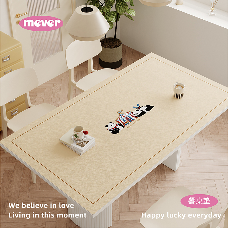 卡通熊猫高级感皮革餐桌垫防水防油免洗茶几桌布长方形桌面保护垫