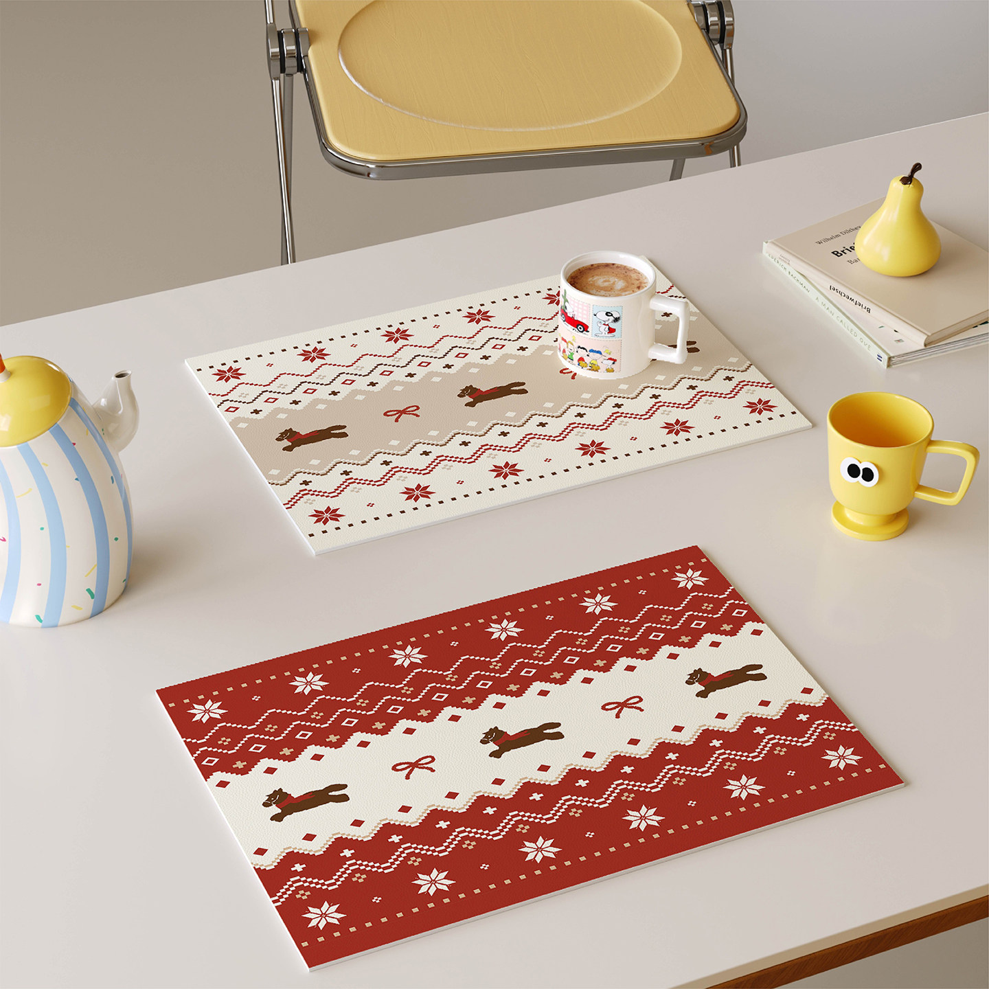 红色费尔岛新年圣诞西餐垫皮革防水防油防烫免洗高级感隔热垫杯垫,居家布艺,餐垫,淘宝优惠券,粉丝福利购,淘宝优惠卷