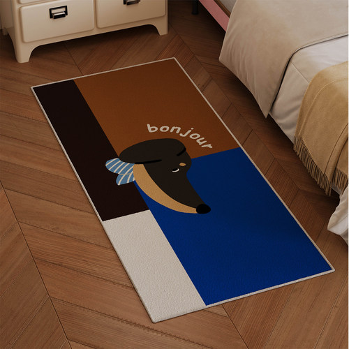 中古风格纹腊肠狗主卧室床边地毯