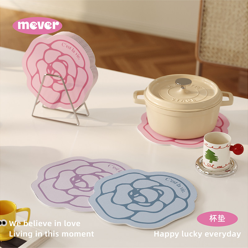 法式粉色山茶花家用皮革吸水杯垫隔热餐垫桌面咖啡杯茶水垫防烫垫,居家布艺,餐垫,淘宝优惠券,粉丝福利购,淘宝优惠卷