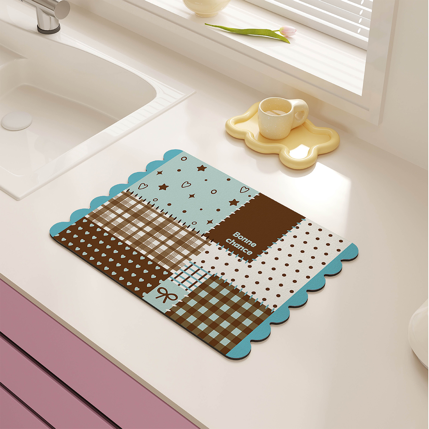 韩式格纹拼布厨房台面沥水垫桌垫