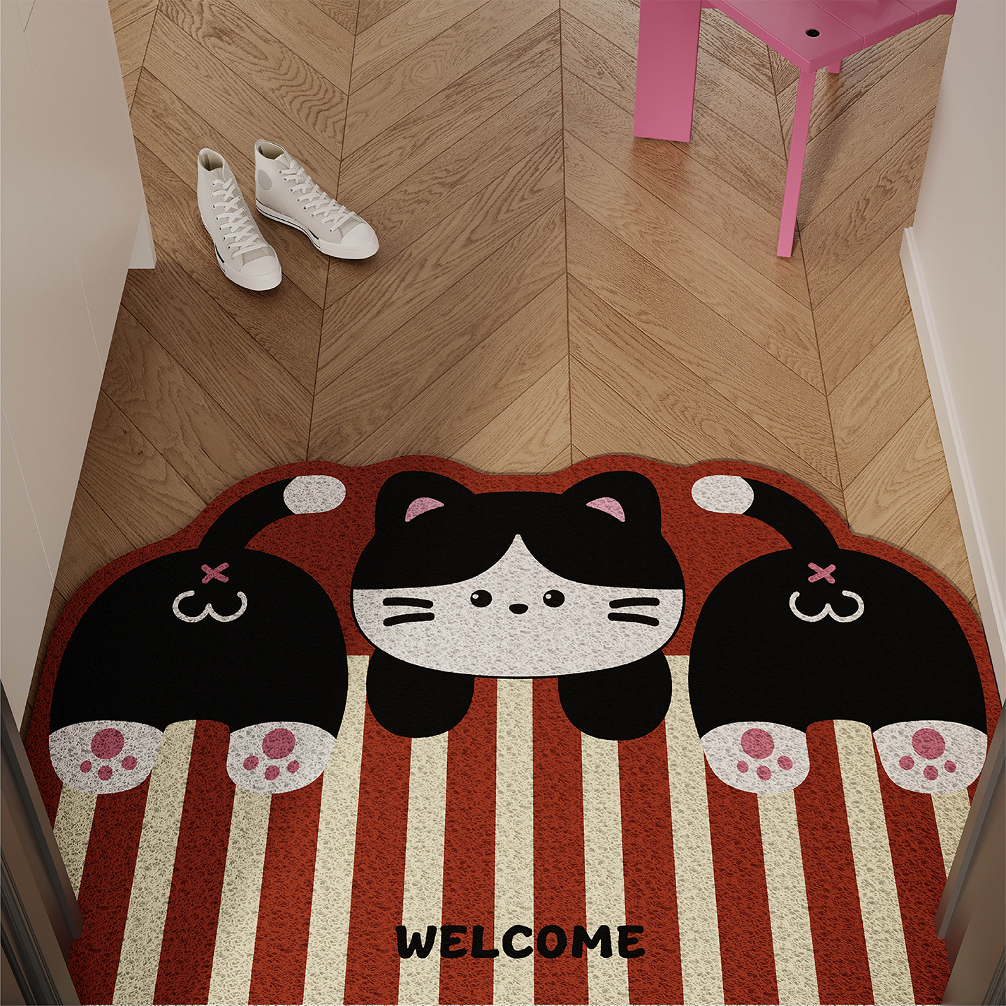 韩式复古条纹猫猫入户门丝圈地垫