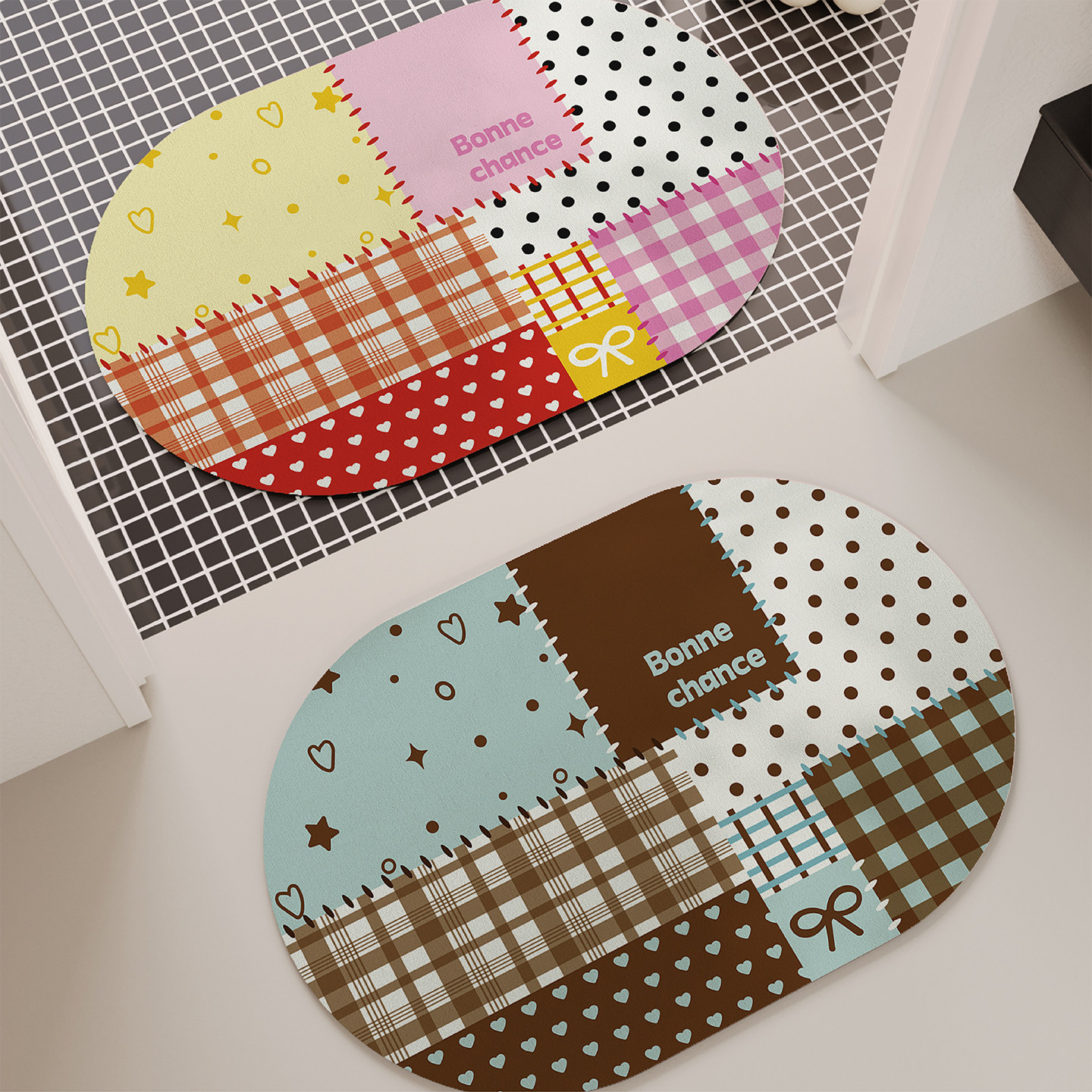 复古风拼布浴室地垫硅藻泥吸水速干垫厕所卫生间门口防摔防滑脚垫,居家布艺,家用脚垫,淘宝优惠券,粉丝福利购,淘宝优惠卷