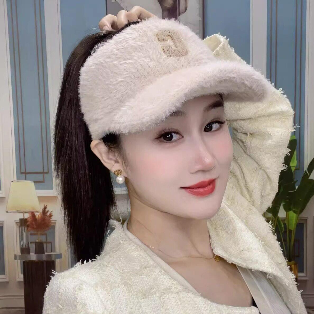 假发帽子一体时尚加厚毛绒绒水貂绒空顶高马尾玉米须直发马尾帽子