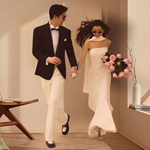 简约鱼尾抹胸礼服裙婚纱女轻主持缎面白色礼裙新款出门晚法式迎宾