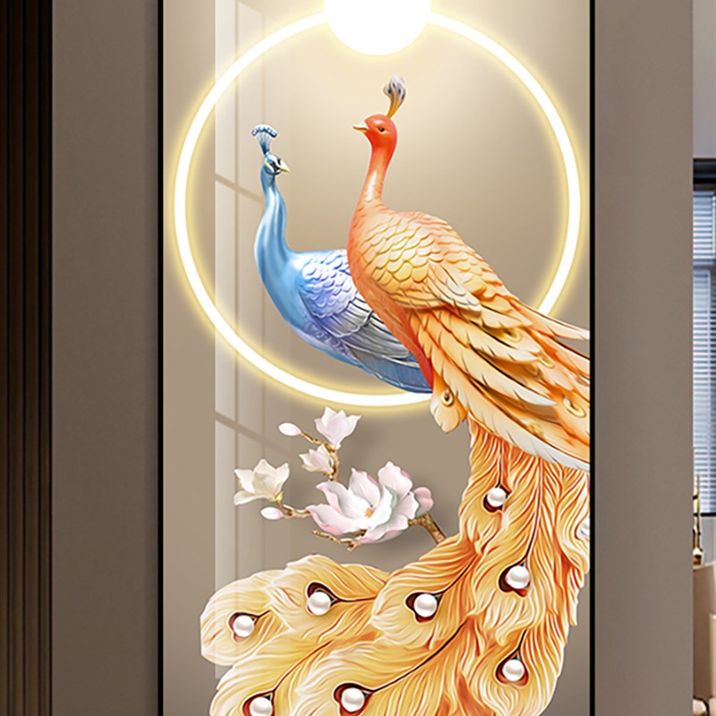 简约轻奢入户进门玄关装饰画新中式孔雀I壁画客厅对门走廊过道挂图片