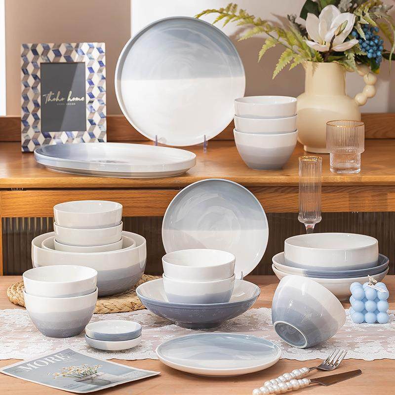 高级感釉下彩碗碟套装家用餐具套装渐变风加厚简约风陶瓷碗盘组合
