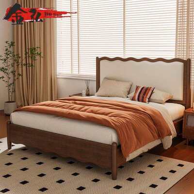 复古实木床主卧双人床1.5米1.8米波浪床现代简约法式软包婚床卧室