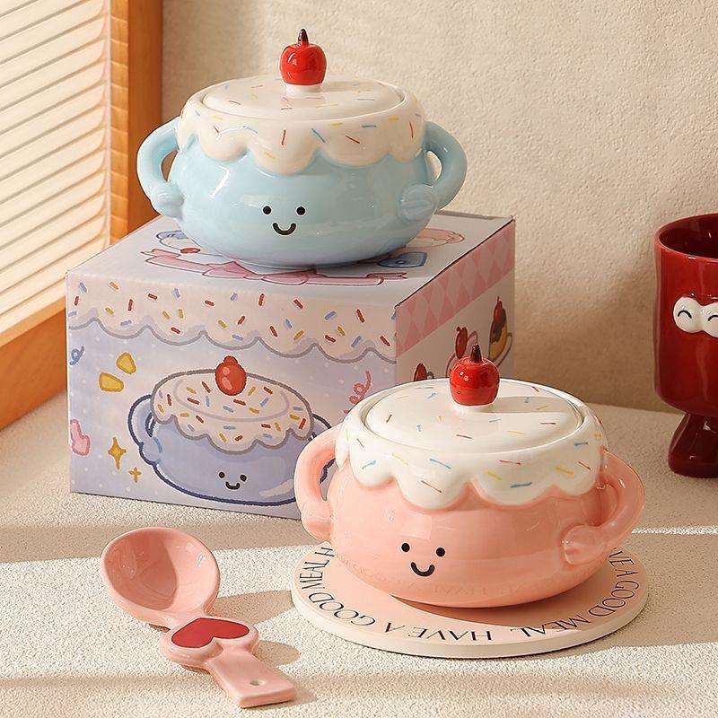 家用小炖盅可爱蒸蛋碗陶瓷炖汤碗高颜值创意带盖双耳碗釉下彩小碗