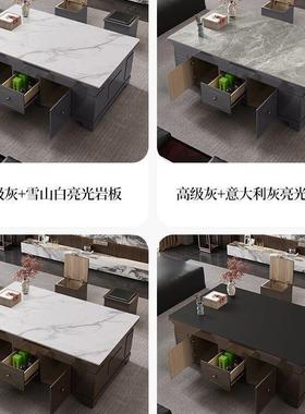 浅灰色新中式岩板茶几客厅现代简约长方形办公室家用储物一体茶几