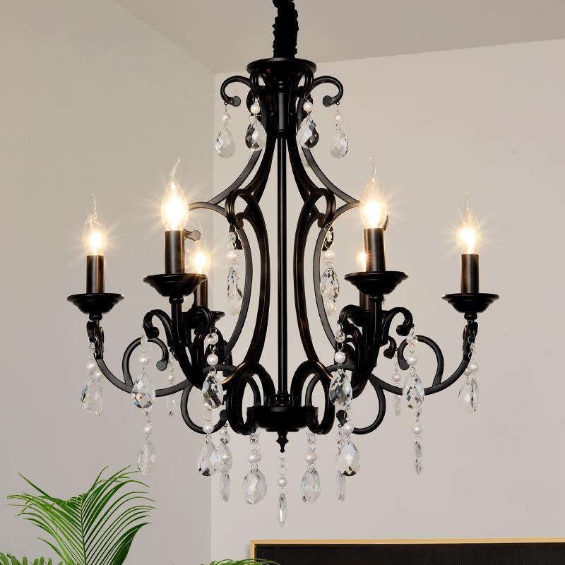 法式复古吊灯客厅水晶灯美式简约创意黑色珍珠卧室餐厅蜡烛灯具