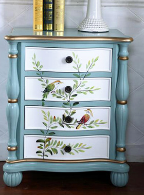 至高美式乡村蓝色床头柜储物柜复古彩绘实木四斗柜地中海家具批发