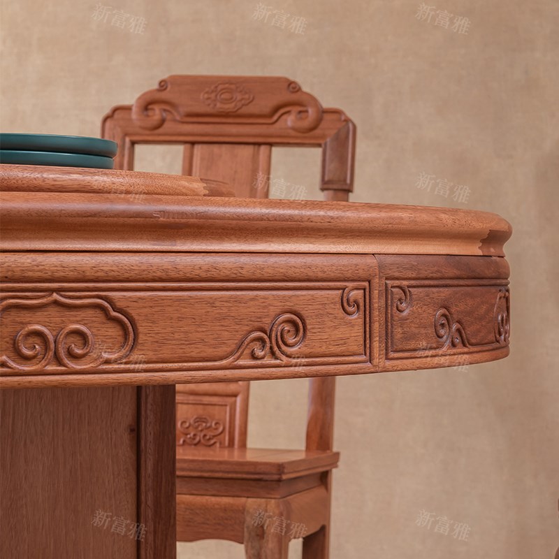 中式花梨木实木餐k桌椅组合仿古平面客厅红木圆桌烫蜡工艺吃饭桌