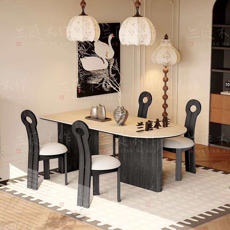 中古风岩板洞石法式餐桌家用小z户型轻奢奶油半圆半岛形餐桌子客